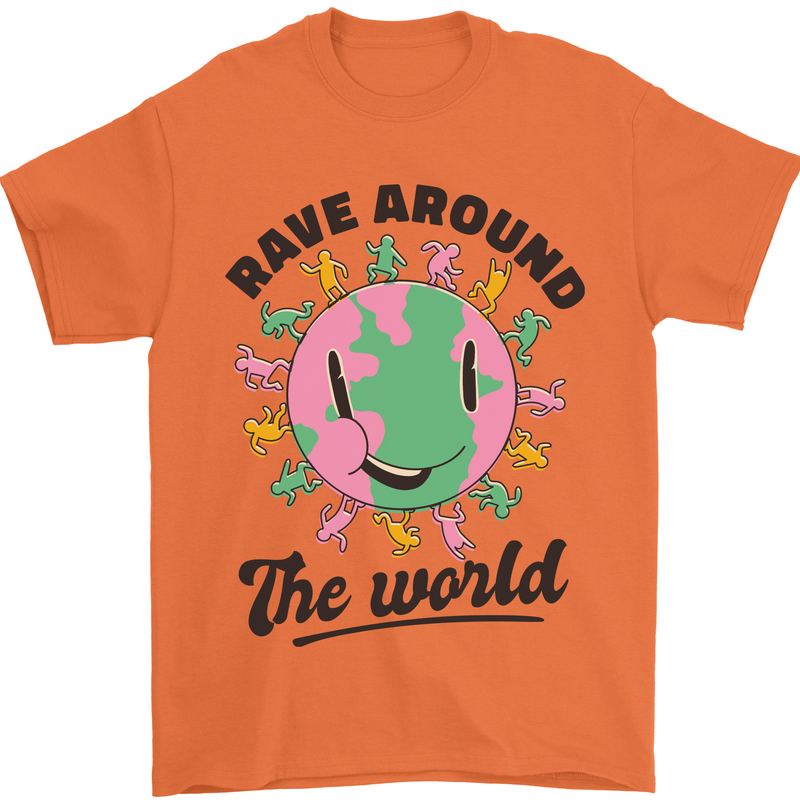 Rave Around the World Dance Music Acid Raver Mens T-Shirt 100% Cotton Orange