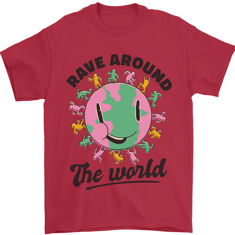 Rave Around the World Dance Music Acid Raver Mens T-Shirt 100% Cotton Red