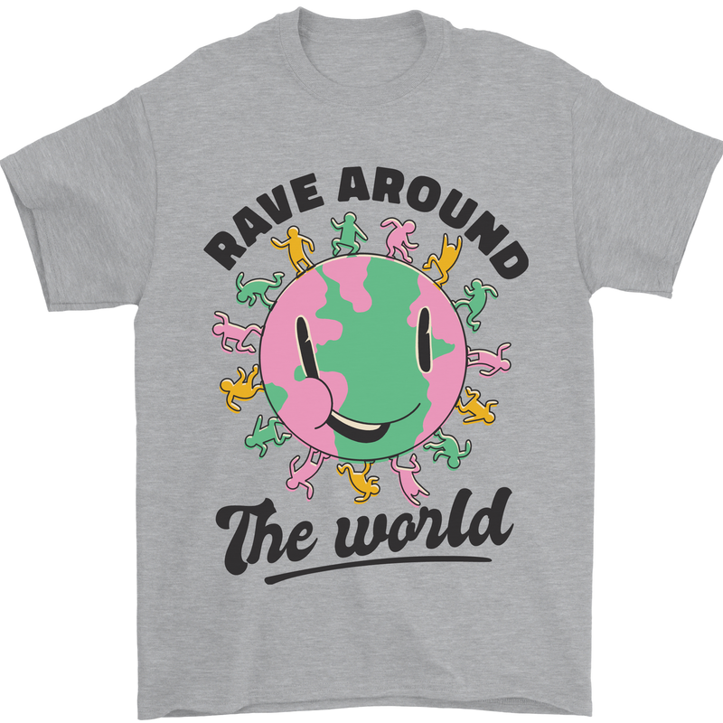 Rave Around the World Dance Music Acid Raver Mens T-Shirt 100% Cotton Sports Grey