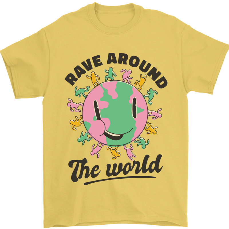 Rave Around the World Dance Music Acid Raver Mens T-Shirt 100% Cotton Yellow