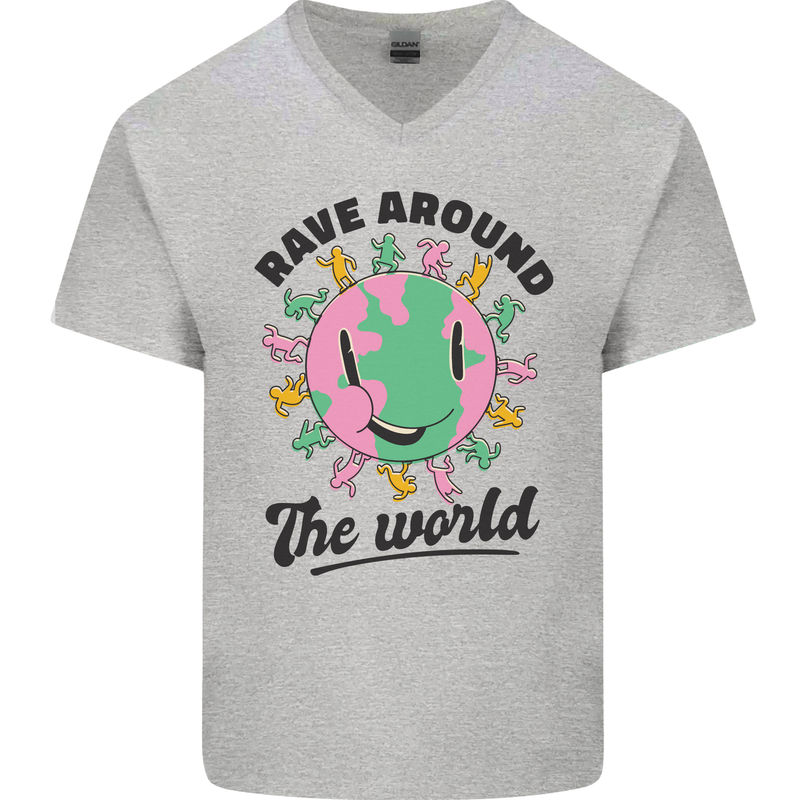 Rave Around the World Dance Music Acid Raver Mens V-Neck Cotton T-Shirt Sports Grey