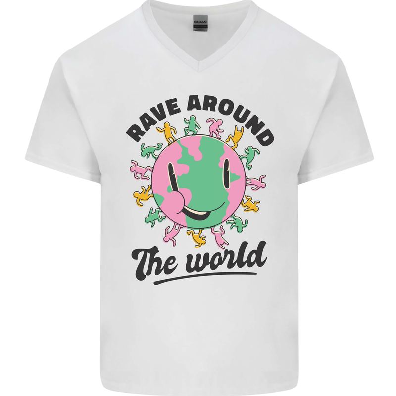 Rave Around the World Dance Music Acid Raver Mens V-Neck Cotton T-Shirt White