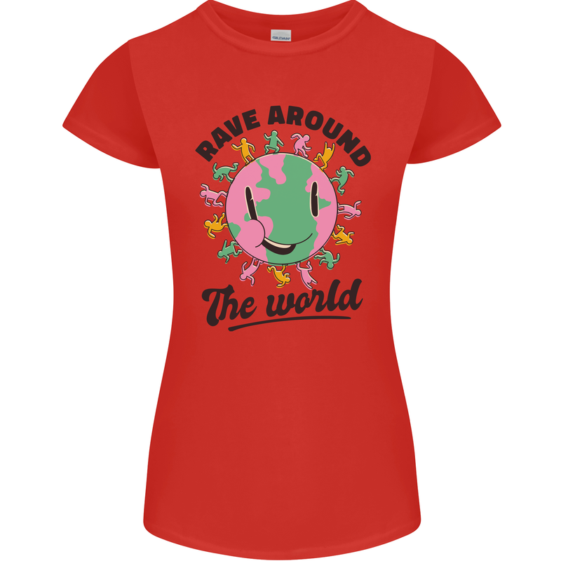 Rave Around the World Dance Music Acid Raver Womens Petite Cut T-Shirt Red