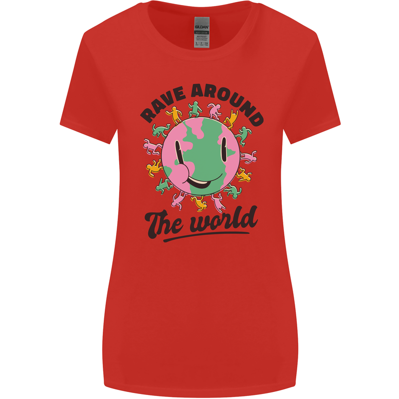 Rave Around the World Dance Music Acid Raver Womens Wider Cut T-Shirt Red