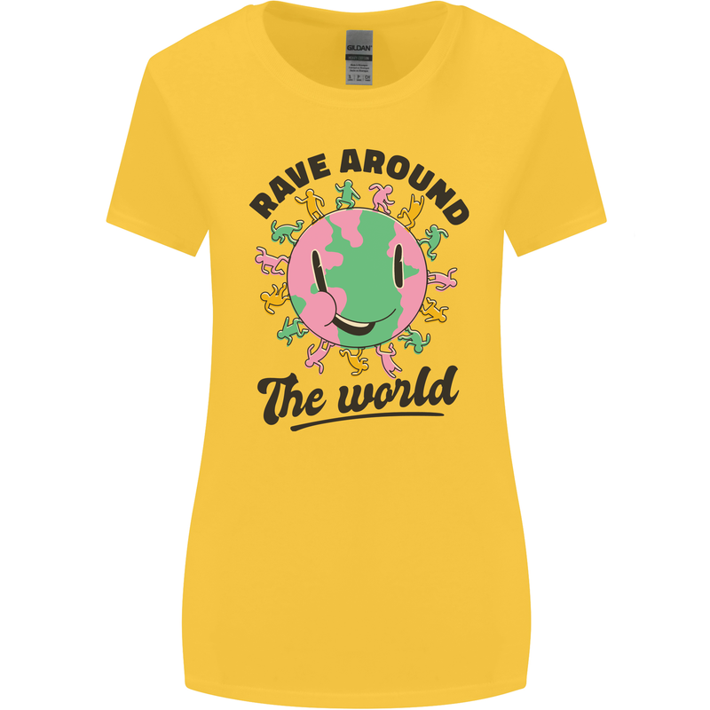 Rave Around the World Dance Music Acid Raver Womens Wider Cut T-Shirt Yellow