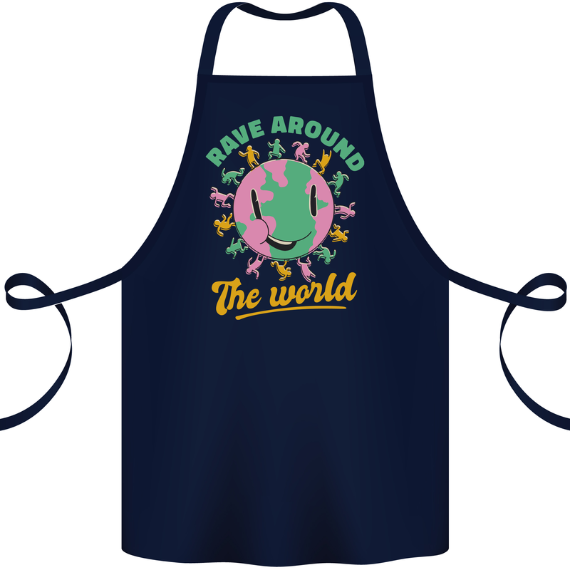 Rave Around the World Dance Music Raver Acid Cotton Apron 100% Organic Navy Blue