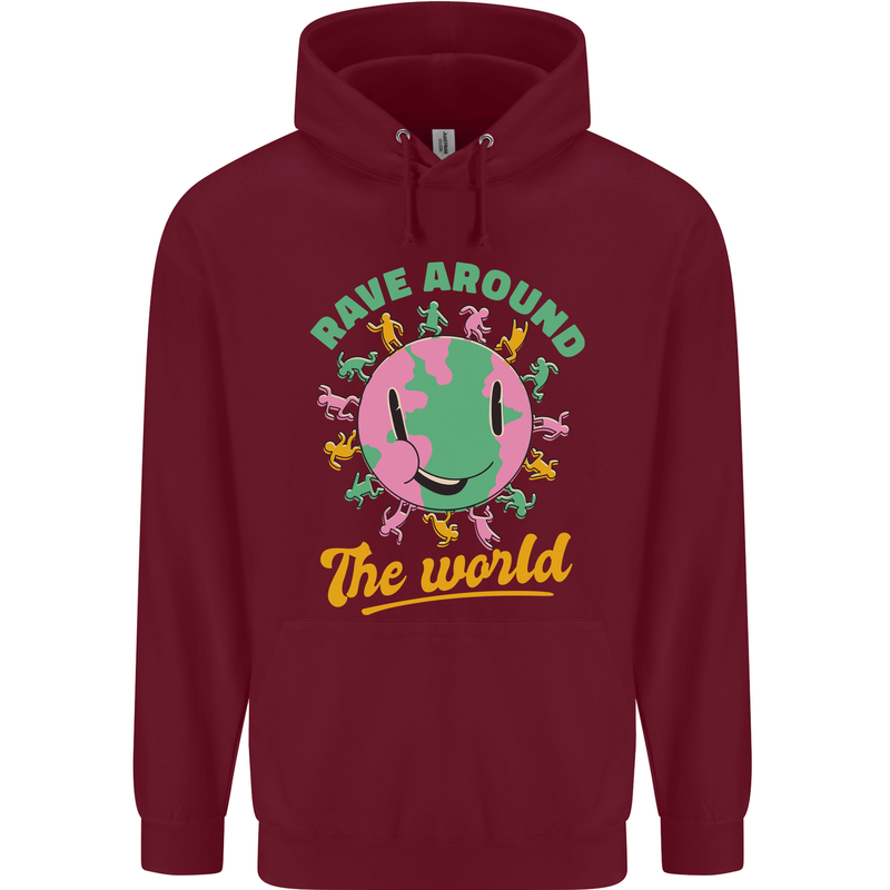 Rave Around the World Dance Music Raver Acid Mens 80% Cotton Hoodie Maroon