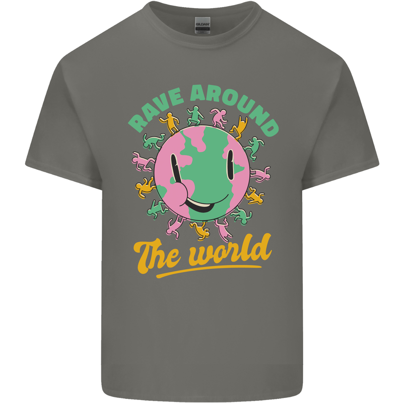 Rave Around the World Dance Music Raver Acid Mens Cotton T-Shirt Tee Top Charcoal