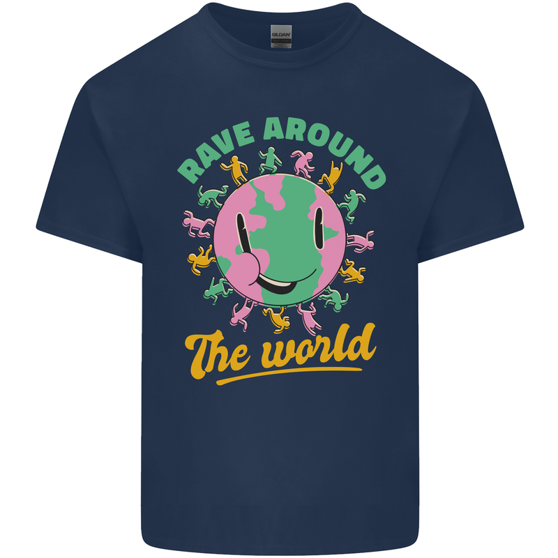 Rave Around the World Dance Music Raver Acid Mens Cotton T-Shirt Tee Top Navy Blue