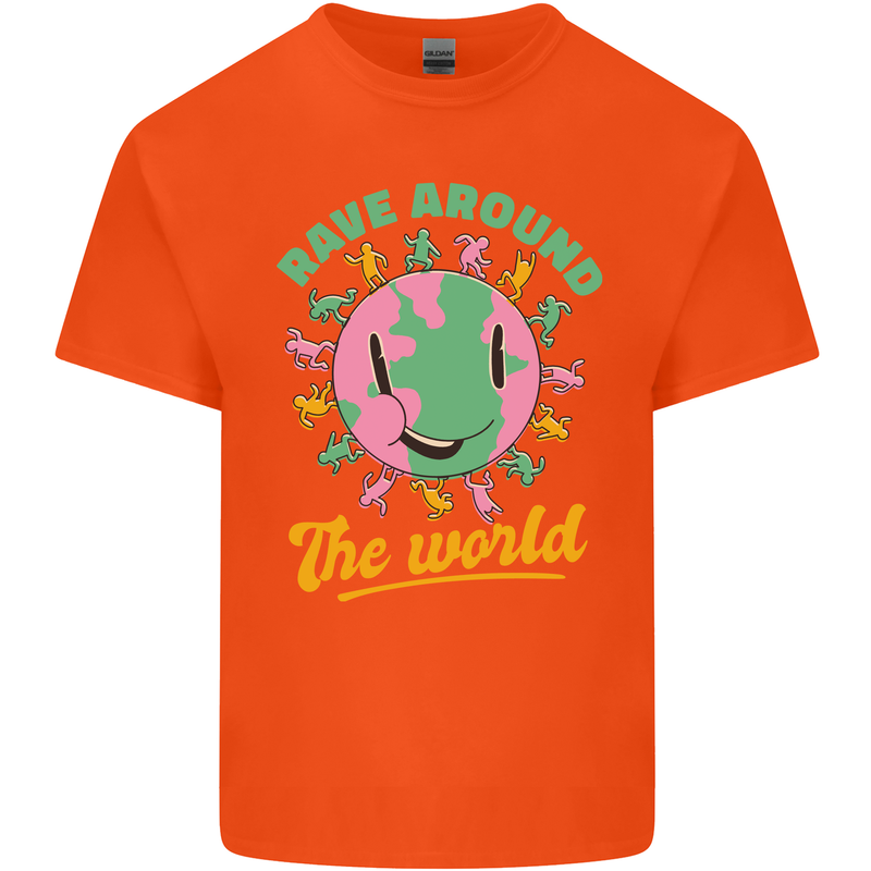 Rave Around the World Dance Music Raver Acid Mens Cotton T-Shirt Tee Top Orange