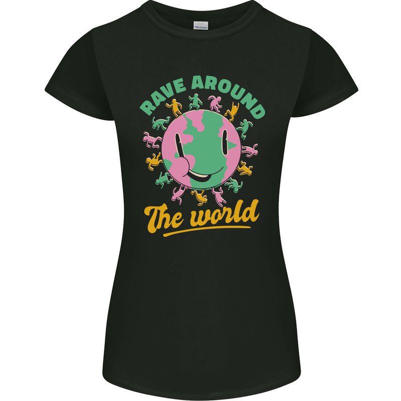 Rave Around the World Dance Music Raver Acid Womens Petite Cut T-Shirt Black