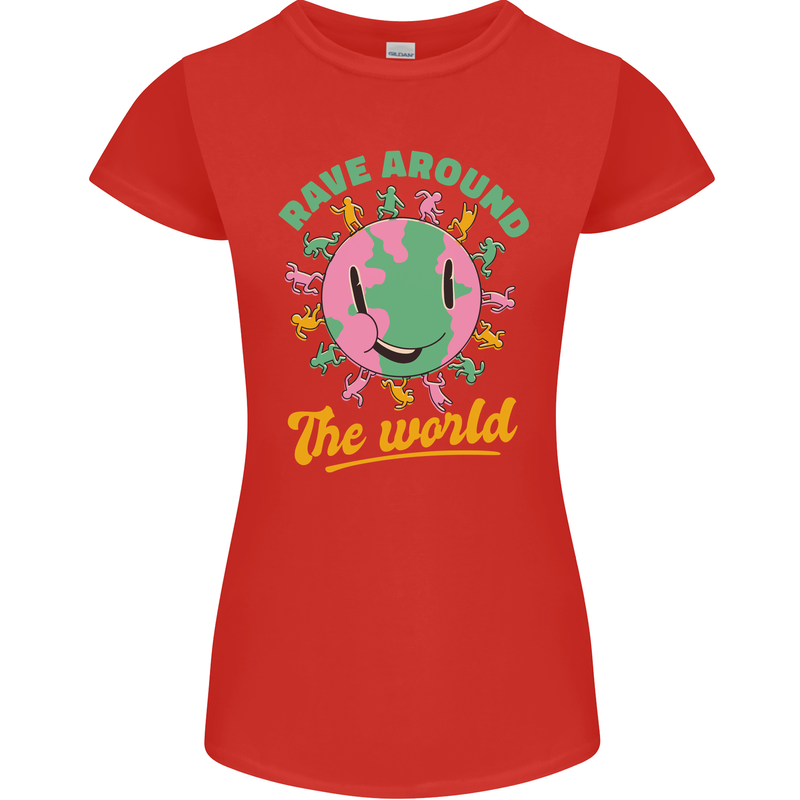 Rave Around the World Dance Music Raver Acid Womens Petite Cut T-Shirt Red