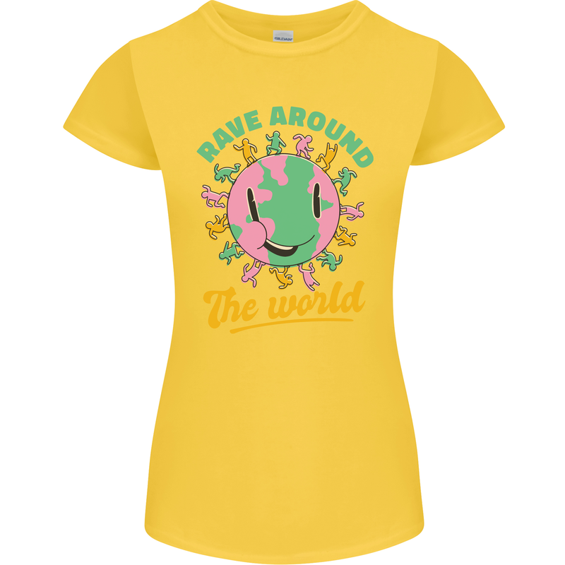 Rave Around the World Dance Music Raver Acid Womens Petite Cut T-Shirt Yellow