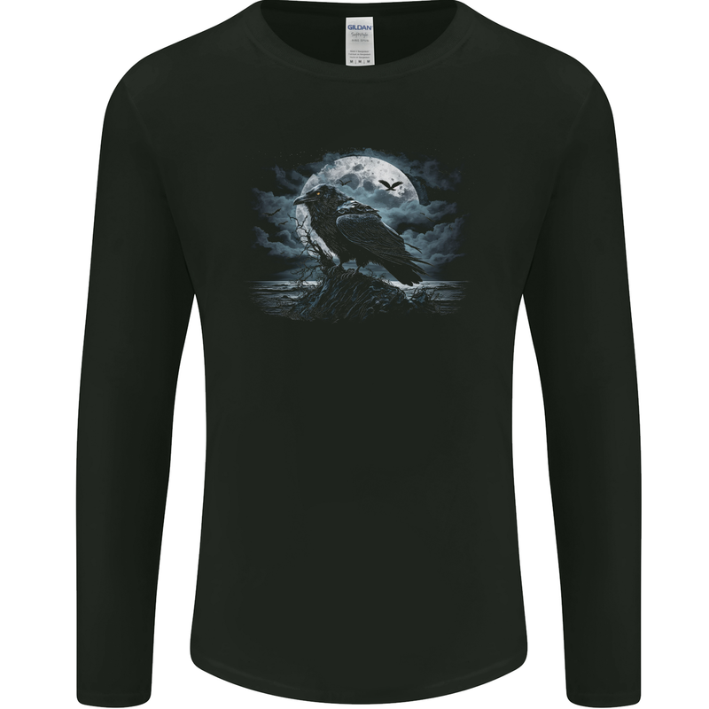 Raven & Ocean Full Moon Crow Viking Mens Long Sleeve T-Shirt Black