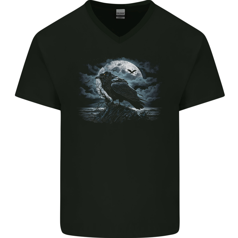 Raven & Ocean Full Moon Crow Viking Mens V-Neck Cotton T-Shirt Black