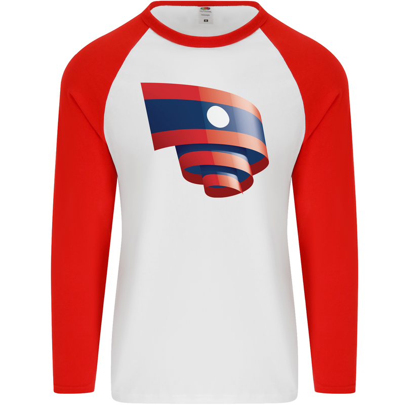 Curled Laos Flag Laotian Day Football Mens L/S Baseball T-Shirt White/Red
