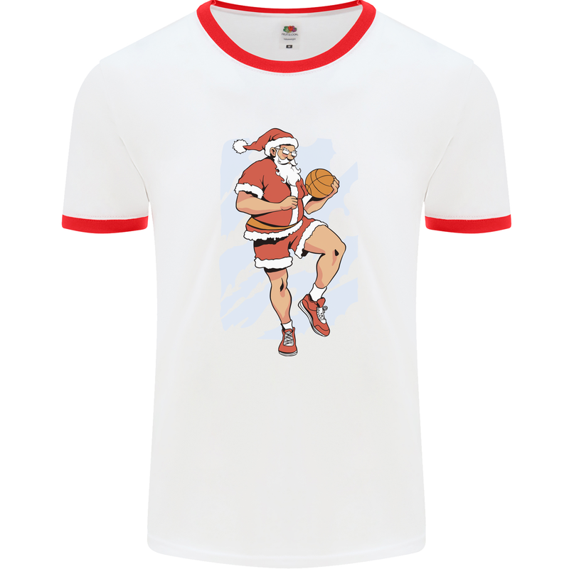 Christmas Basketball Santa Xmas Mens Ringer T-Shirt White/Red