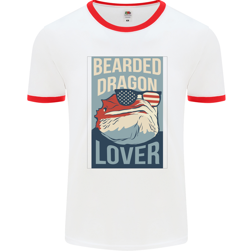 Bearded Dragon Lover USA America Mens Ringer T-Shirt White/Red