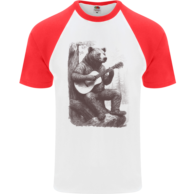 A Cool Bear Playing the Acoustic Guitar Mens S/S Baseball T-Shirt White/Red