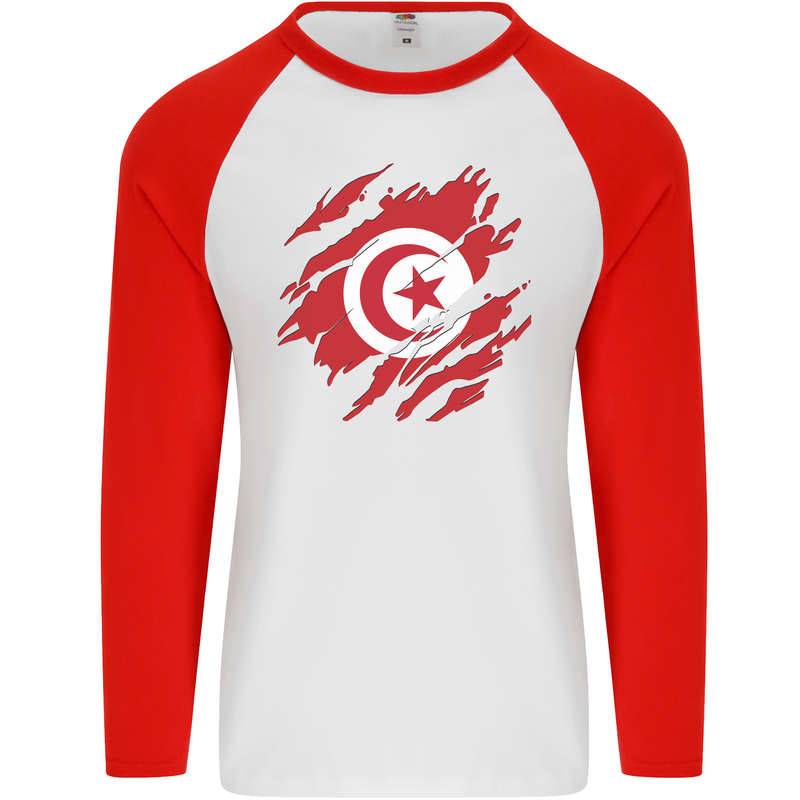 Torn Tunisia Flag Tunisian Day Football Mens L/S Baseball T-Shirt White/Red