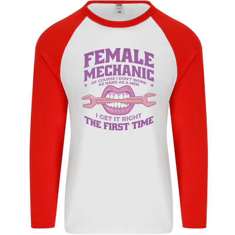 Funny Female Mechanic Mens L/S Baseball T-Shirt White/Red