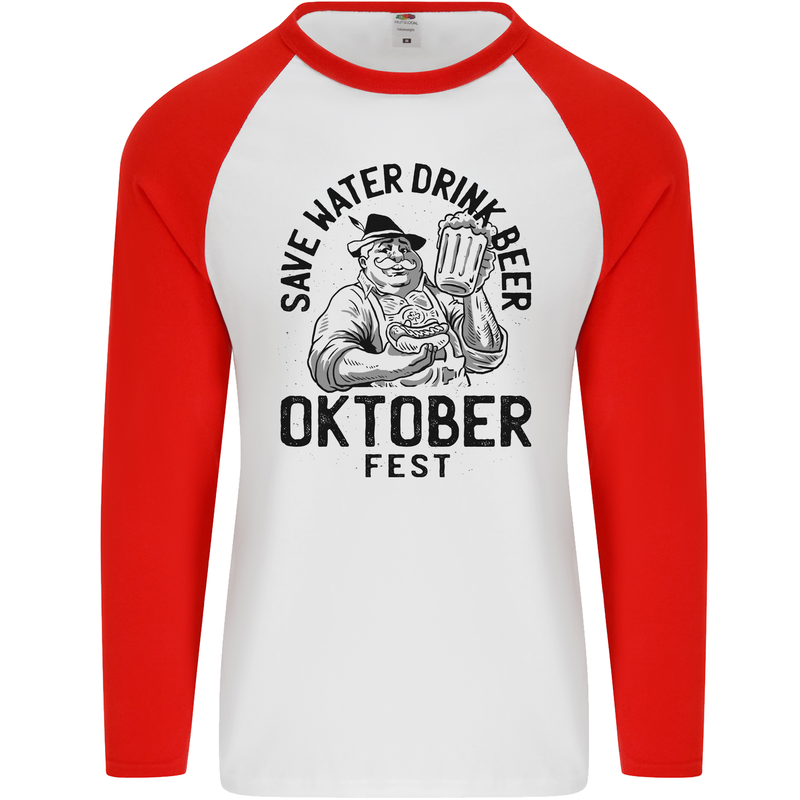 Oktoberfest Drink Beer Funny Alcohol Mens L/S Baseball T-Shirt White/Red