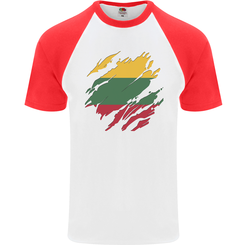 Torn Lithuania Flag Lithuania Day Football Mens S/S Baseball T-Shirt White/Red