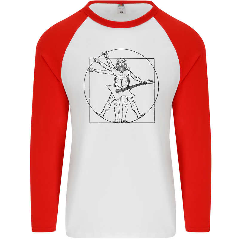 Old Rocker Vitruvian Guitarist Funny Guitar Mens L/S Baseball T-Shirt White/Red