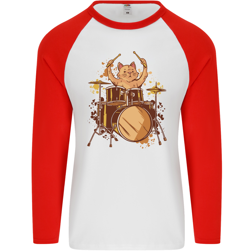 A Cat Drummer Drumming Mens L/S Baseball T-Shirt White/Red