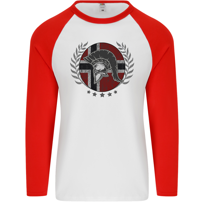 Norway Bodybuilding Flag Gym Training Spartan Mens L/S Baseball T-Shirt White/Red