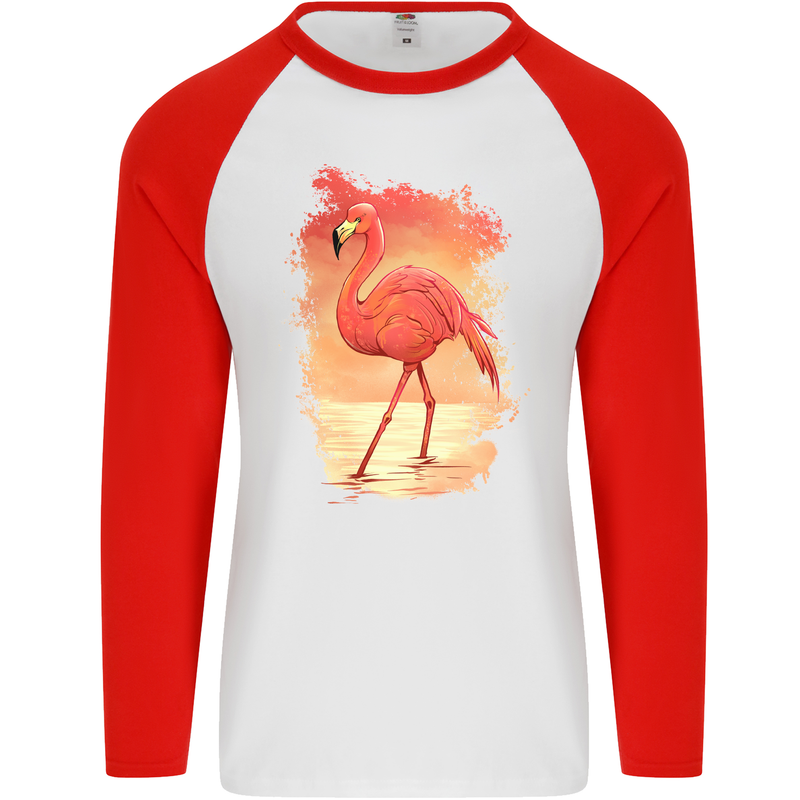 Flamingo Painting Mens L/S Baseball T-Shirt White/Red