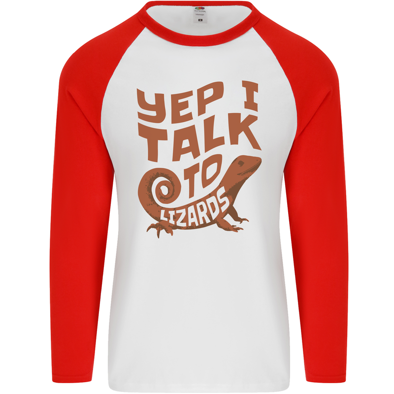 Yep I Talk To Lizards Chameleons Mens L/S Baseball T-Shirt White/Red