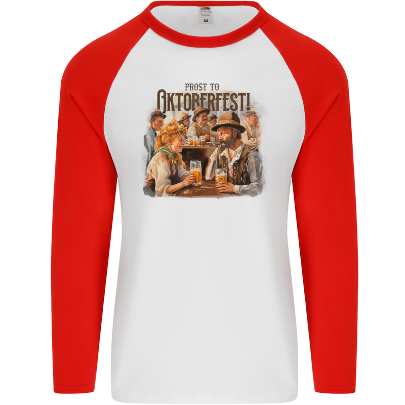 Prost to Oktoberfest German Beer Festival Mens L/S Baseball T-Shirt White/Red