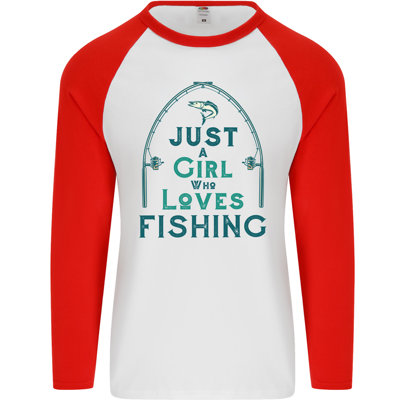 Just a Girl Who Loves Fishing Fisherwoman Mens L/S Baseball T-Shirt White/Red