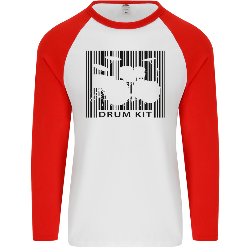 Drum Kit Barcode Drummer Drumming Mens L/S Baseball T-Shirt White/Red