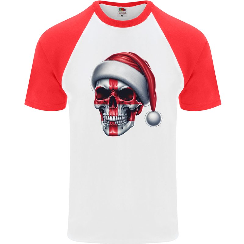 England Christmas Skull Xmas English Flag Biker Mens S/S Baseball T-Shirt White/Red