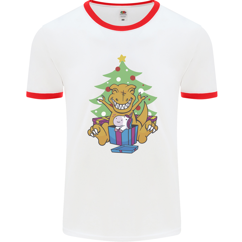 Christmas T-Rex & Unicorn Funny Xmas Gift Mens Ringer T-Shirt White/Red