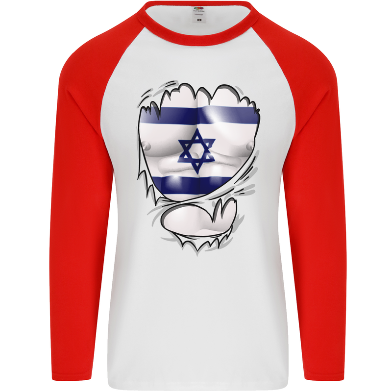 Gym The Israeli Flag Ripped Muscles Israel Mens L/S Baseball T-Shirt White/Red