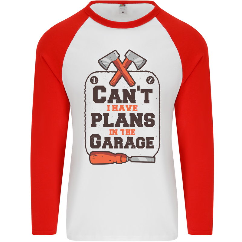 Plans In the Garage Carpentry DIY Tradesman Mens L/S Baseball T-Shirt White/Red