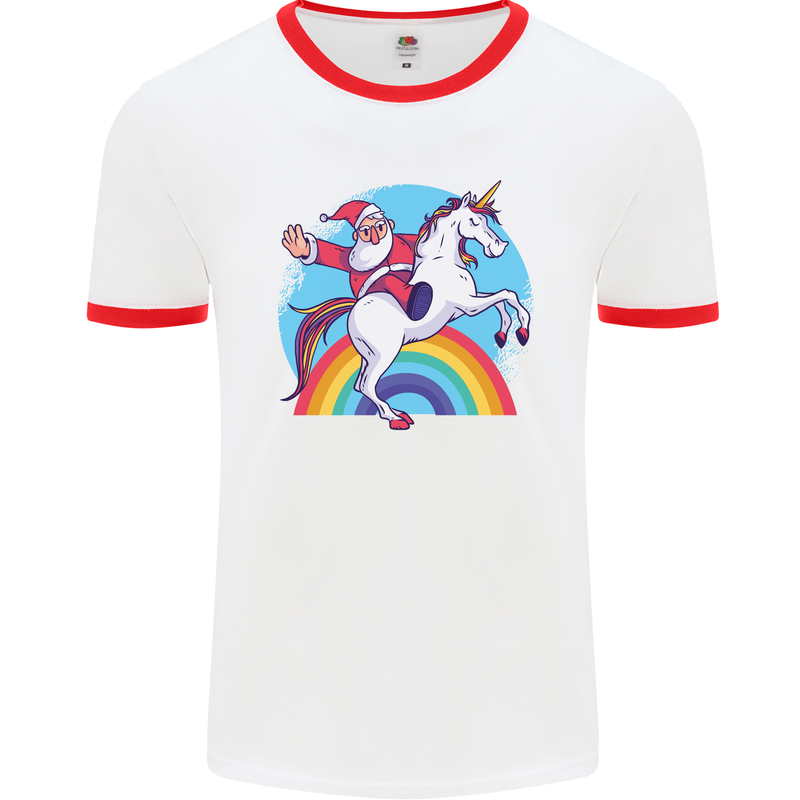 Santa Claus On a Unicorn Christmas Xmas Mens Ringer T-Shirt White/Red