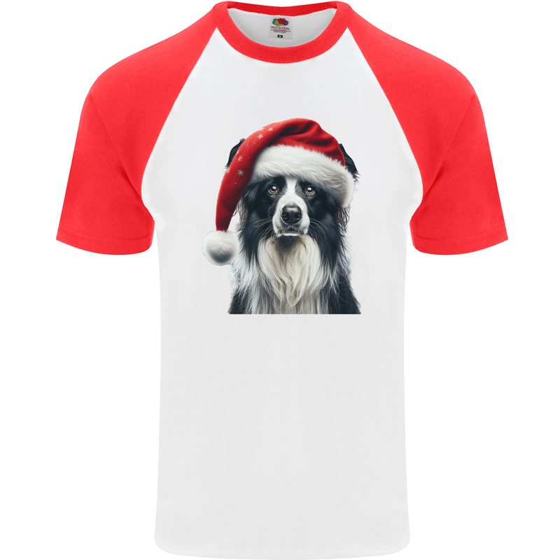 Christmas Border Collie Wearing an Xmas Hat Dog Mens S/S Baseball T-Shirt White/Red