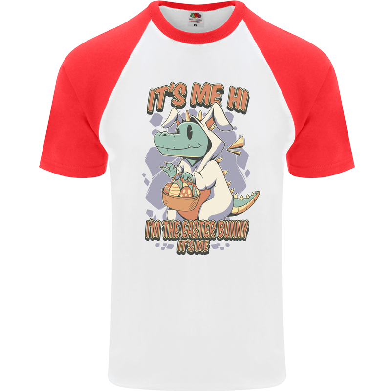 T-Rex Its Me I'm the Easter Bunny Funny Egg Mens S/S Baseball T-Shirt White/Red