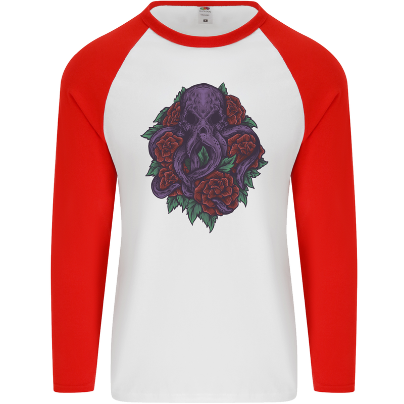 Octopus Skull Cthulhu Kraken With Roses Mens L/S Baseball T-Shirt White/Red