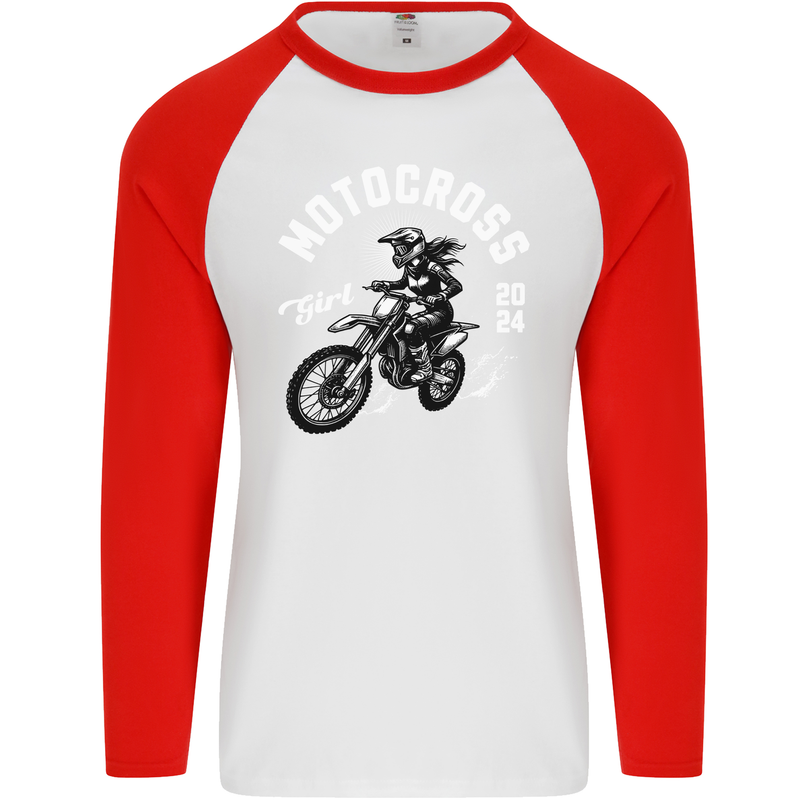 Motocross Girl Motocross MotoX Dirt Bike Female Mens L/S Baseball T-Shirt White/Red