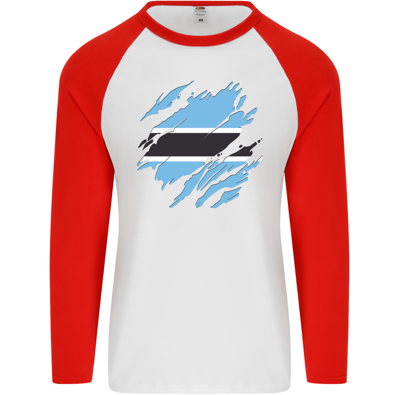 Torn Botswana Flag Batswana Day Football Mens L/S Baseball T-Shirt White/Red