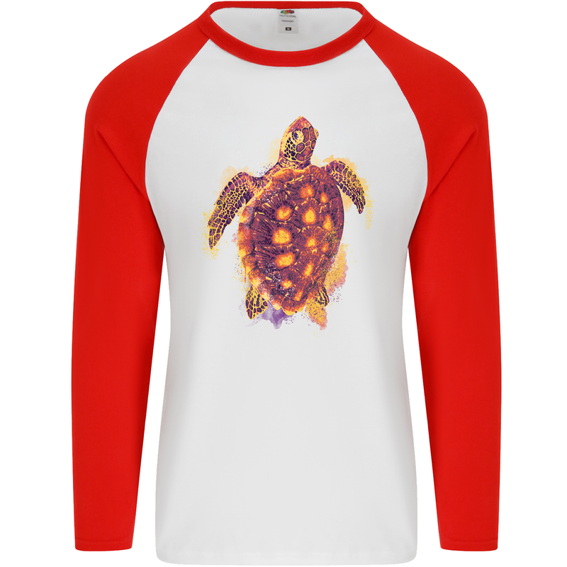 A Watercolour Turtle Mens L/S Baseball T-Shirt White/Red
