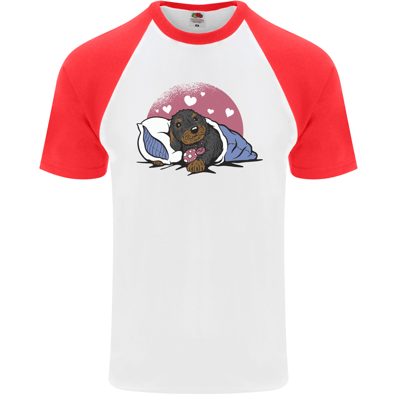 A Dachshund in Bed Dog Mens S/S Baseball T-Shirt White/Red