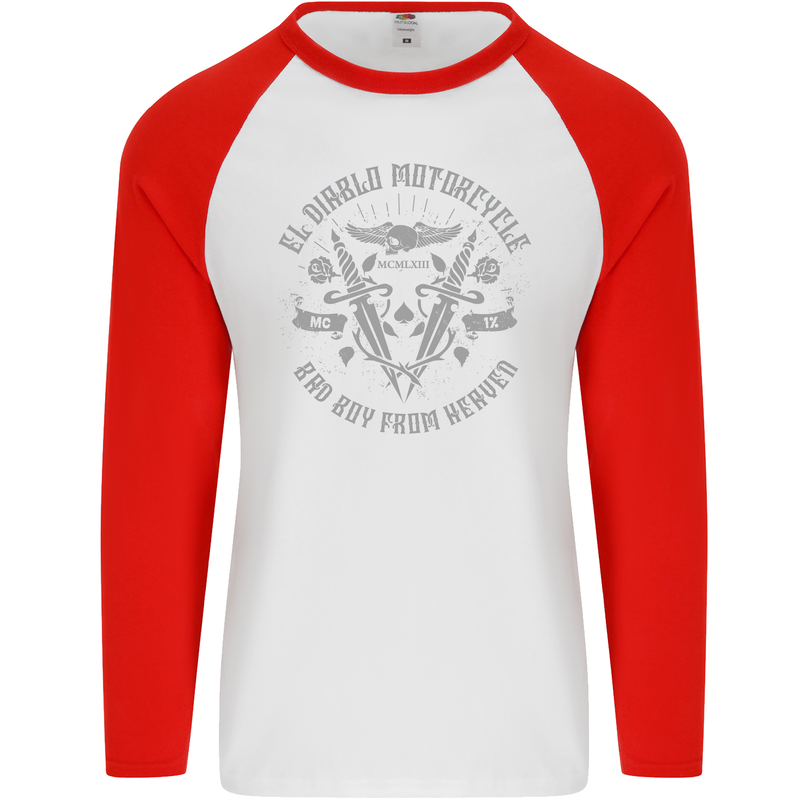 El Diablo Motorcycle Motorbike Biker Mens L/S Baseball T-Shirt White/Red