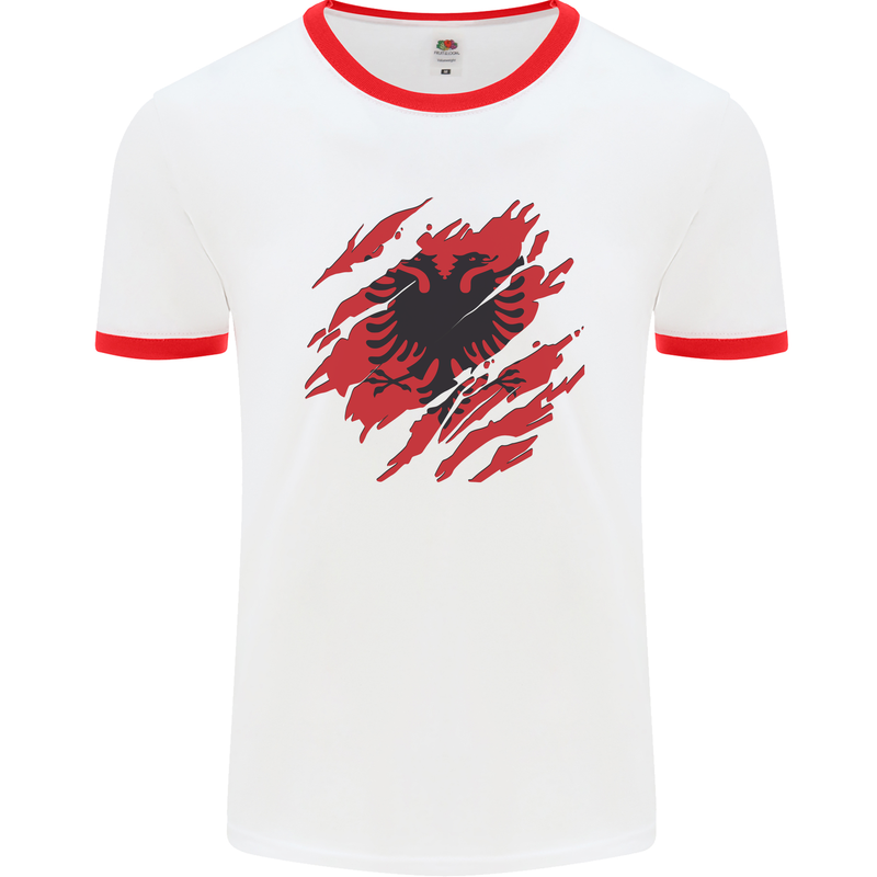 Torn Albania Flag Albanian Day Football Mens Ringer T-Shirt White/Red