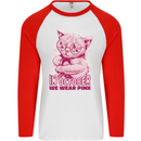 Breast Cancer Awareness October Cat Mens L/S Baseball T-Shirt White/Red